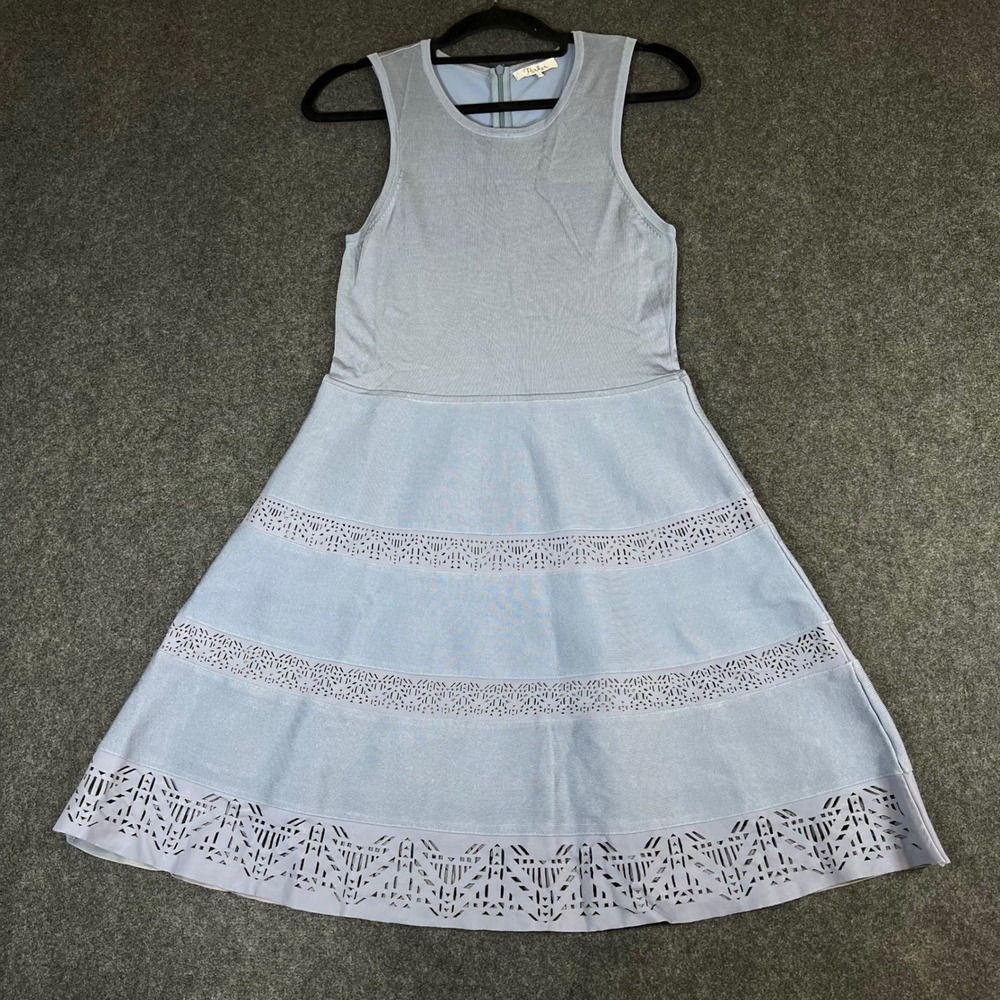 Parker Light Blue Laser Cut Leather Trim Knit Fit & Flare Dress M Chic Wedding